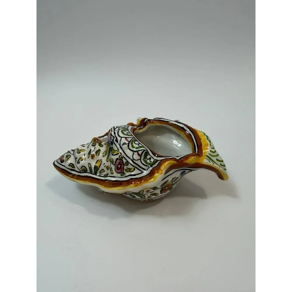 Italian Pottery Cornucopia Vase Hand Painted Ceramic Floral Italy Signed